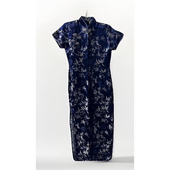 Blue Cheongsam Dress Silver Floral and Bamboo Brocade Pattern Large Women's - Picture 1 of 7